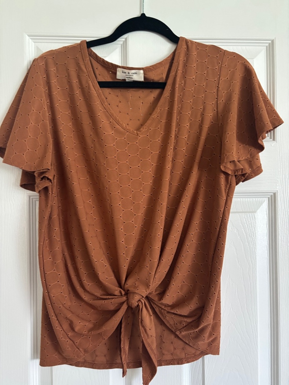 Kim & Cami Burnt Orange Tie-Front Eyelet V-Neck Top